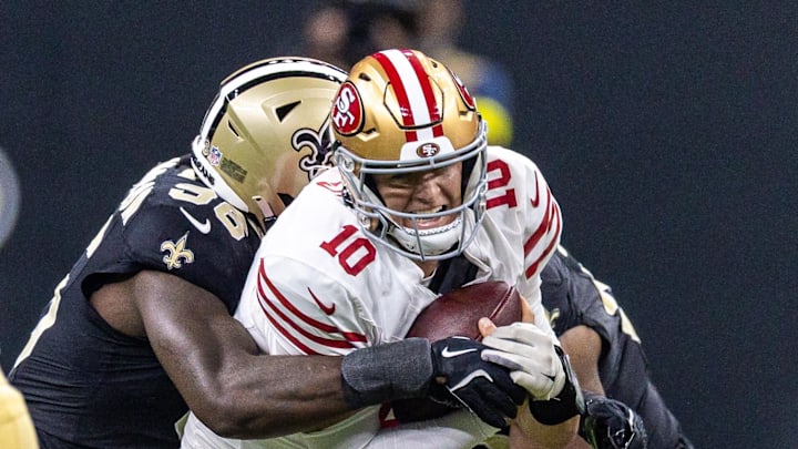 New Orleans Saints defensive end Carl Granderson (96) sacks San Francisco 49ers quarterback Mac Jones (10) 