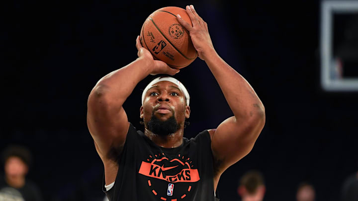 Nov 3, 2025; New York, New York, USA; New York Knicks forward Guerschon Yabusele (28) warms up before the game against the Washington Wizards at Madison Square Garden. Mandatory Credit: Lucas Boland-Imagn Images