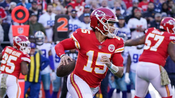 Kansas City Chiefs quarterback Patrick Mahomes against the Dallas Cowboys during the game at Arrowhead Stadium. Kansas City Chiefs quarterback Patrick Mahomes against the Dallas Cowboys during the game at Arrowhead Stadium.