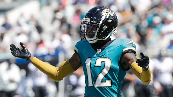 Sep 21, 2025; Jacksonville, Florida, USA; Jacksonville Jaguars defensive back Travis Hunter (12) reacts during the second quarter against the Houston Texans at EverBank Stadium. Mandatory Credit: Travis Register-Imagn Images