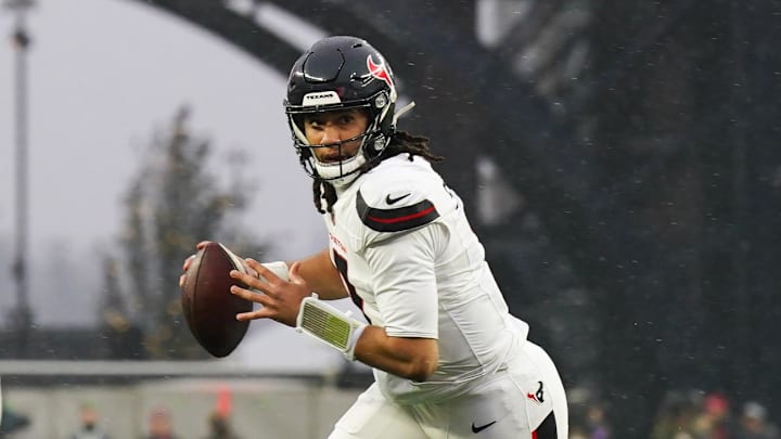Jan 18, 2026; Foxborough, MA, USA; Houston Texans quarterback C.J. Stroud (7) looks to throw in the second quarter agains the New England Patriots in an AFC Divisional Round game at Gillette Stadium. Mandatory Credit: David Butler II-Imagn Images