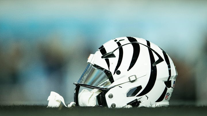 Dec 4, 2023; Jacksonville, Florida, USA;  Cincinnati Bengals helmet before the game against the Jacksonville Jaguars at EverBank Stadium. Mandatory Credit: Jeremy Reper-Imagn Images