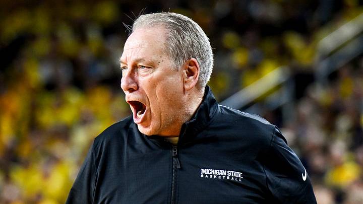 Michigan State's head coach Tom Izzo calls out to players during the second half in the game against Michigan on Sunday, March 8, 2026, at the Crisler Center in Ann Arbor. Michigan State's head coach Tom Izzo calls out to players during the second half in the game against Michigan on Sunday, March 8, 2026, at the Crisler Center in Ann Arbor.