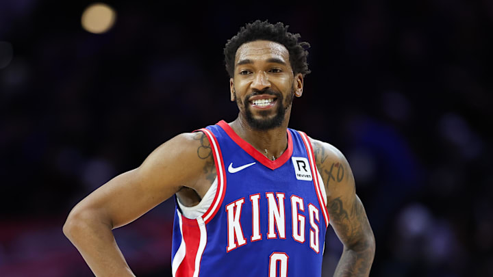 Jan 29, 2025; Philadelphia, Pennsylvania, USA; Sacramento Kings guard Malik Monk (0) looks on during the fourth quarter against the Philadelphia 76ers at Wells Fargo Center. Mandatory Credit: Bill Streicher-Imagn Images