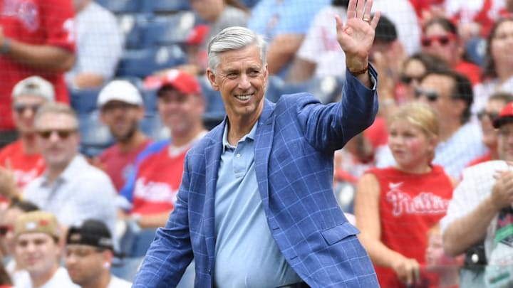 Aug 18, 2024; Philadelphia, Pennsylvania, USA; Former Philadelphia Phillies president Dave Dombrowski during Phillies Alumni Weekend and the 20th anniversary of Citizens Bank Park before game against the Washington Nationals at Citizens Bank Park. Aug 18, 2024; Philadelphia, Pennsylvania, USA; Former Philadelphia Phillies president Dave Dombrowski during Phillies Alumni Weekend and the 20th anniversary of Citizens Bank Park before game against the Washington Nationals at Citizens Bank Park.