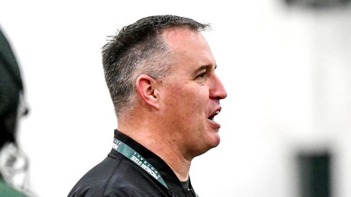 Michigan State's head coach Pat Fitzgerald instructs players during spring football practice on Tuesday, March 24, 2026, in East Lansing.