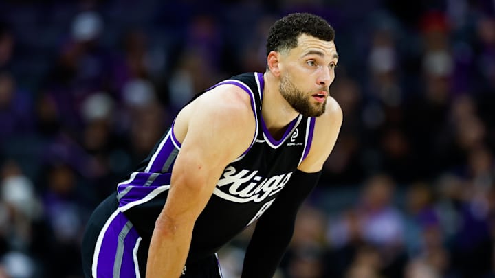 Jan 14, 2026; Sacramento, California, USA; Sacramento Kings guard Zach LaVine (8) looks on during the third quarter against the New York Knicks at Golden 1 Center.