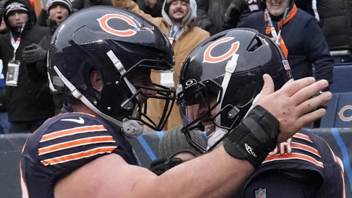 Chicago Bears quarterback Caleb Williams and center Drew Dalman