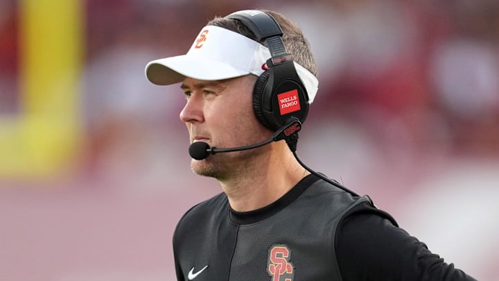 Aug 30, 2025; Los Angeles, California, USA; Southern California Trojans head coach Lincoln Riley watches from the sidelines against the Missouri State Bears in the first half at United Airlines Field at Los Angeles Memorial Coliseum. Mandatory Credit: Kirby Lee-Imagn Images Aug 30, 2025; Los Angeles, California, USA; Southern California Trojans head coach Lincoln Riley watches from the sidelines against the Missouri State Bears in the first half at United Airlines Field at Los Angeles Memorial Coliseum. Mandatory Credit: Kirby Lee-Imagn Images
