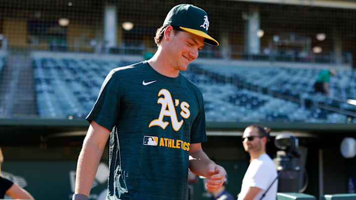 Jul 28, 2025; West Sacramento, California, USA; Athletics 2025 1st round draft pick Jamie Arnold walks onto the field before the game against the Seattle Mariners at Sutter Health Park. Mandatory Credit: Sergio Estrada-Imagn Images