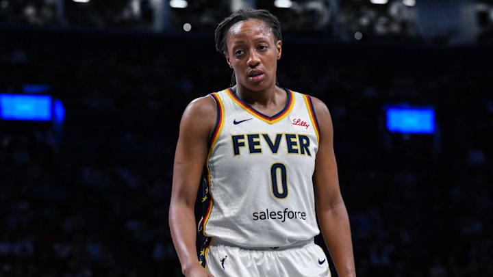 Jul 16, 2025; Brooklyn, New York, USA; Indiana Fever guard Kelsey Mitchell (0) during the first half against the New York Liberty at Barclays Center. Mandatory Credit: John Jones-Imagn Images