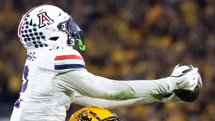 Arizona Wildcats defensive back Treydan Stukes (2) intercepts the ball against Arizona State.