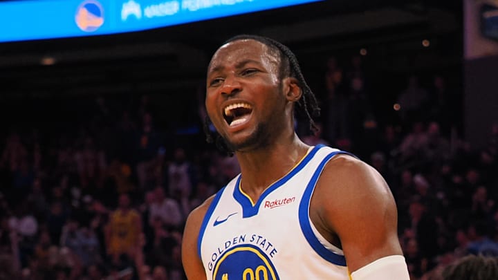 Dec 6, 2023; San Francisco, California, USA; Golden State Warriors forward Jonathan Kuminga (00) reacts after a dunk against the Portland Trail Blazers during the fourth quarter at Chase Center. Mandatory Credit: Kelley L Cox-Imagn Images Dec 6, 2023; San Francisco, California, USA; Golden State Warriors forward Jonathan Kuminga (00) reacts after a dunk against the Portland Trail Blazers during the fourth quarter at Chase Center. Mandatory Credit: Kelley L Cox-Imagn Images