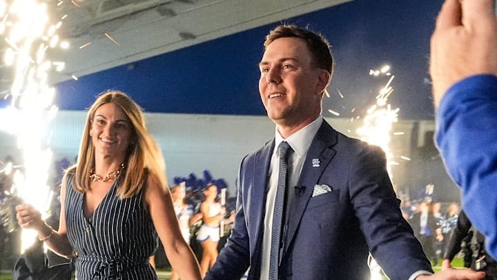 New Kentucky Wildcat head coach Will Stein arrives with wife, Darby has he is introduced at Kentucky on Wednesday, December 3, 2025