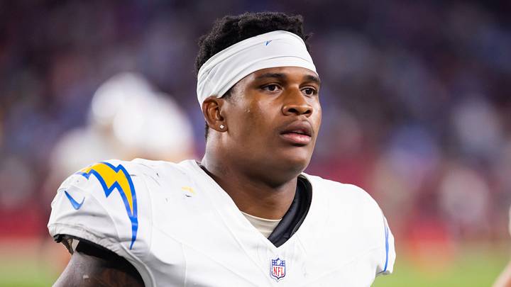 Oct 21, 2024; Glendale, Arizona, USA; Los Angeles Chargers linebacker Junior Colson (25) against the Arizona Cardinals at State Farm Stadium. Mandatory Credit: Mark J. Rebilas-Imagn Images
