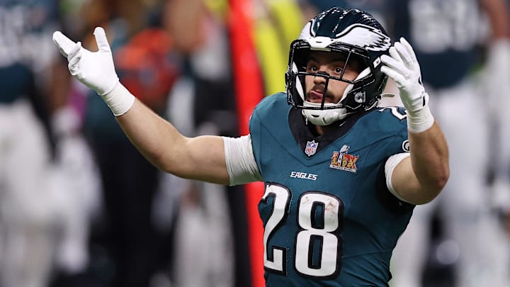 Philadelphia Eagles running back Will Shipley (28) reacts after a play against the Kansas City Chiefs during the first half of Super Bowl LIX at Caesars Superdome.