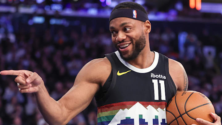 Feb 4, 2026; New York, New York, USA; Denver Nuggets guard Bruce Brown (11) points to a fan after making a jump shot at the buzzer to end the first quarter against the New York Knicks at Madison Square Garden. Mandatory Credit: Wendell Cruz-Imagn Images Feb 4, 2026; New York, New York, USA; Denver Nuggets guard Bruce Brown (11) points to a fan after making a jump shot at the buzzer to end the first quarter against the New York Knicks at Madison Square Garden. Mandatory Credit: Wendell Cruz-Imagn Images