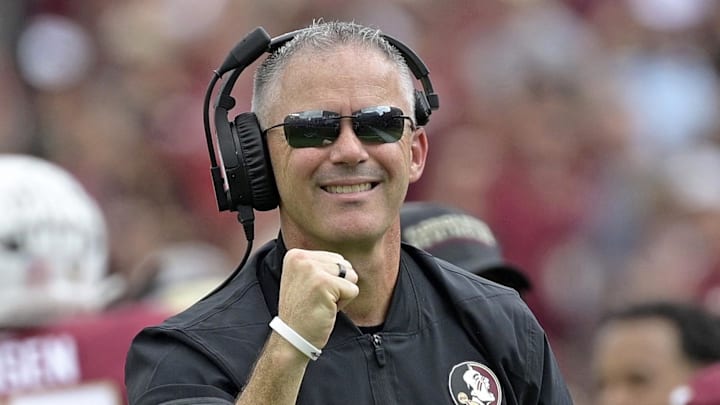 Sep 20, 2025; Tallahassee, Florida, USA; Florida State Seminoles head coach Mike Norvell reacts after a touchdown during the first half against the Kent State Golden Flashes at Doak S. Campbell Stadium. Mandatory Credit: Melina Myers-Imagn Images