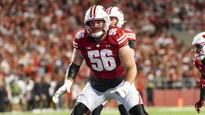 Aug 30, 2024; Madison, Wisconsin, USA;  Wisconsin Badgers offensive lineman Joe Brunner (56) during the game against the Western Michigan Broncos at Camp Randall Stadium