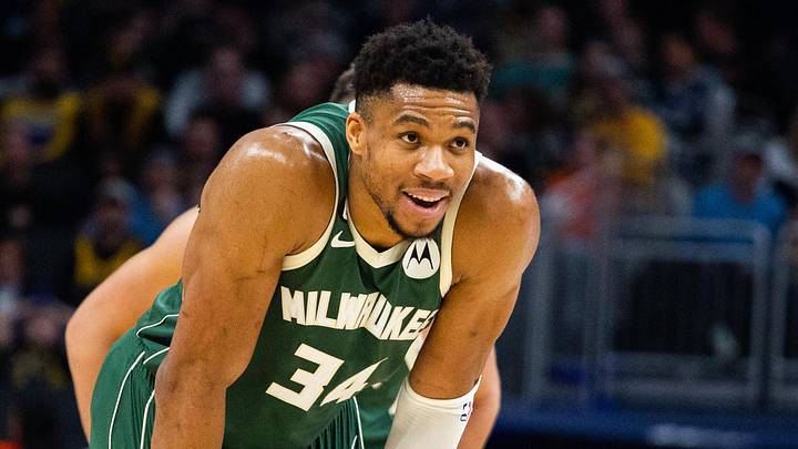 Milwaukee Bucks forward Giannis Antetokounmpo (34) reacts  (Mandatory Credit: Trevor Ruszkowski-Imagn Images)