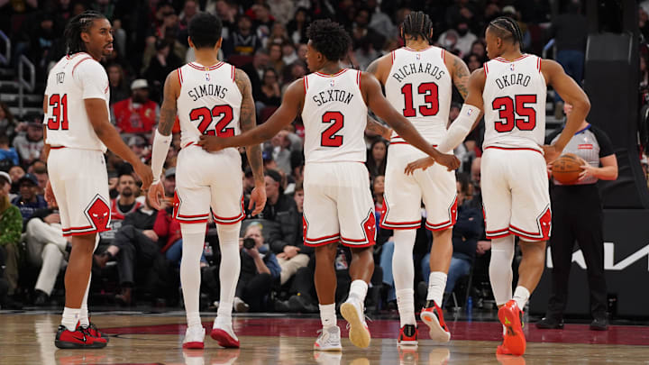 Feb 7, 2026; Chicago, Illinois, USA; Chicago Bulls guard Jaden Ivey (31) guard Anfernee Simons (22) guard Collin Sexton (2) center Nick Richards (13) and forward Isaac Okoro (35) on the court during the second half against the Denver Nuggets. All five players weren’t 0n the team at the start of the season at United Center. Mandatory Credit: David Banks-Imagn Images