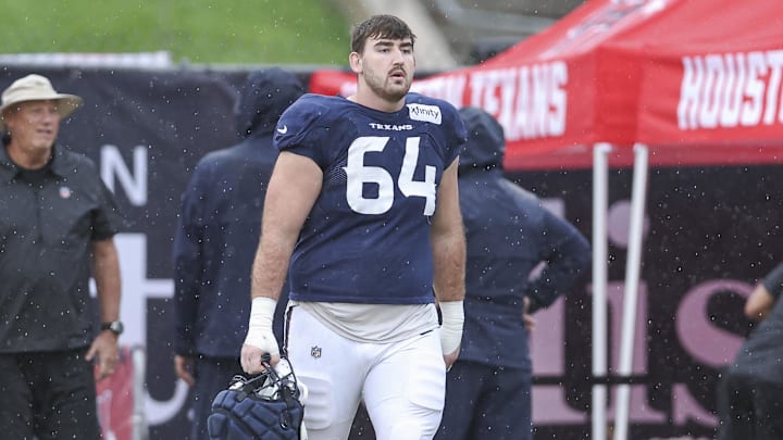 Jul 27, 2024; Houston, TX, USA; Houston Texans guard Nick Broeker (64) during training camp at Houston Methodist Training Center. Mandatory Credit: Troy Taormina-Imagn Images