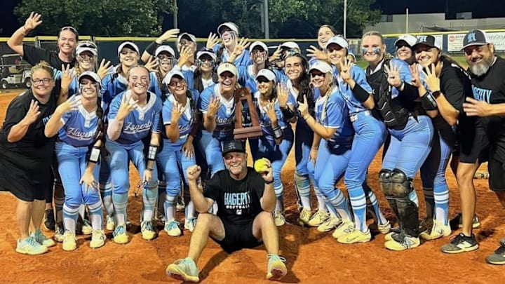 Hagerty High's softball team celebrates its Class 7A, Region 1 championship victory against Lake Brantley. The Huskies advanced to this week's state semifinals in Longwood.