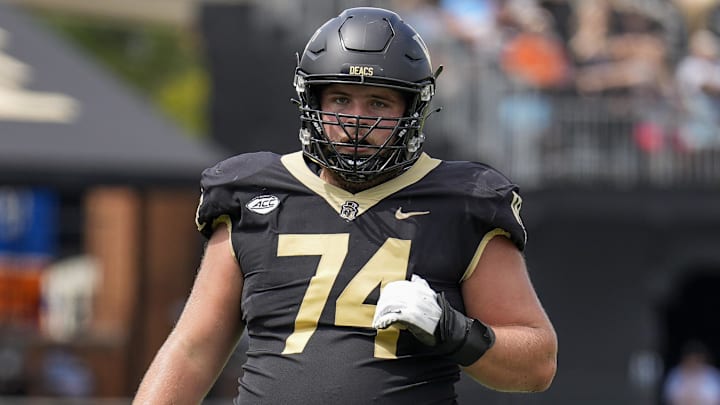 Sep 9, 2023; Winston-Salem, North Carolina, USA; Wake Forest Demon Deacons offensive lineman Luke Petitbon (74) during the second quarter at Allegacy Federal Credit Union Stadium. Mandatory Credit: Jim Dedmon-Imagn Images
