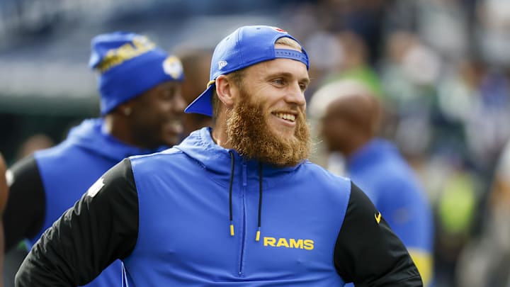 Nov 3, 2024; Seattle, Washington, USA; Los Angeles Rams wide receiver Cooper Kupp (10) participates in pregame warmups against the Seattle Seahawks at Lumen Field. Mandatory Credit: Joe Nicholson-Imagn Images