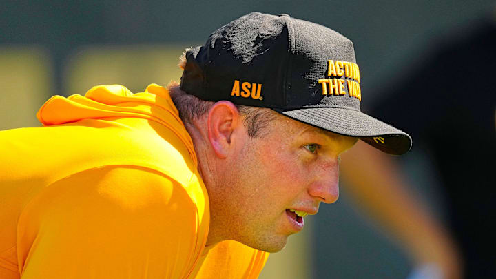 Arizona State head coach Kenny Dillingham watches his linemen run a drill during the first day of fall practice in Tempe, Ariz. on July 30, 2025.