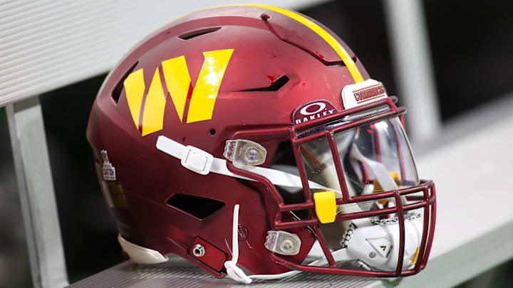 Oct 15, 2023; Atlanta, Georgia, USA; A Washington Commanders helmet on the bench against the Atlanta Falcons in the second half at Mercedes-Benz Stadium. Mandatory Credit: Brett Davis-Imagn Images