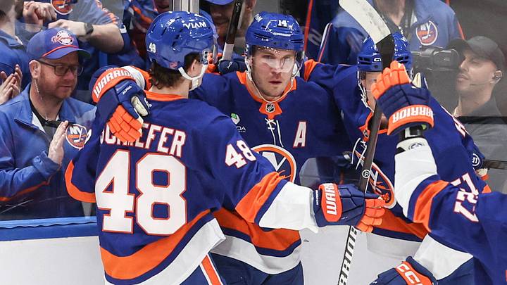 Mar 26, 2026; Elmont, New York, USA;  New York Islanders center Bo Horvat (14) celebrates with his teammates after scoring a goal in the first period against the Dallas Stars at UBS Arena. Mandatory Credit: Wendell Cruz-Imagn Images