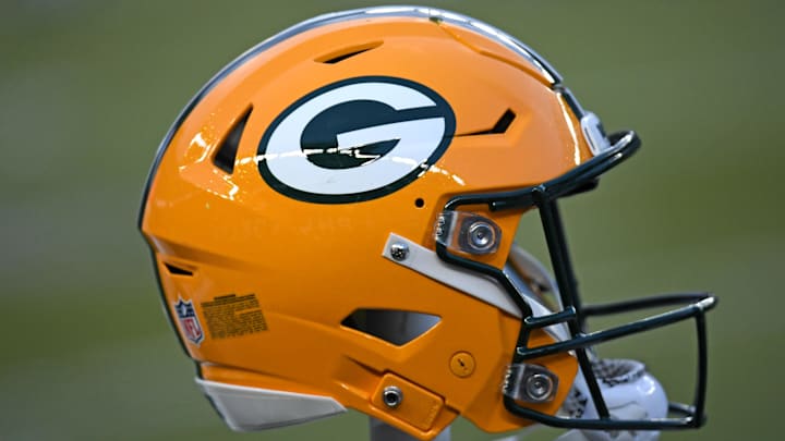 Jan 12, 2025; Philadelphia, Pennsylvania, USA; Green Bay Packers helmet on the sidelines against the Philadelphia Eagles in an NFC wild card game at Lincoln Financial Field. Mandatory Credit: Eric Hartline-Imagn Images