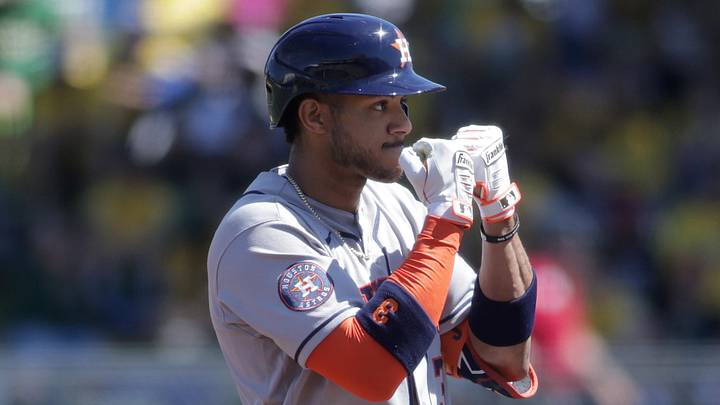 Houston Astros shortstop Jeremy Pena (3) reacts after hitting a double