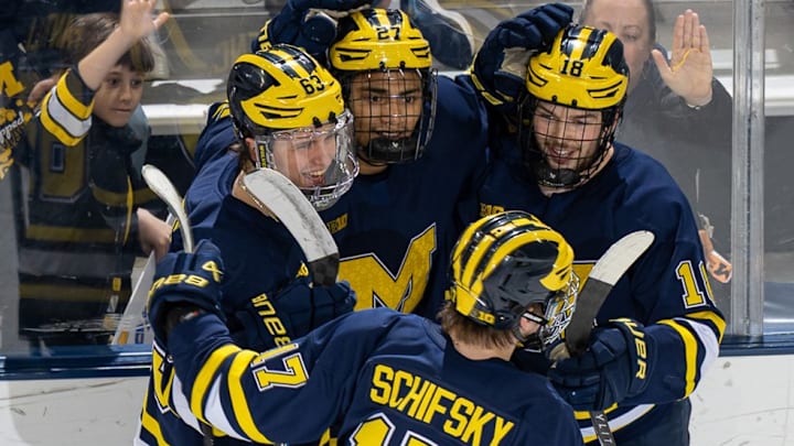 Michigan hockey players celebrate during an 8-1 home exhibition win over Simon Fraser to get ready for the Big Ten Tournament. 