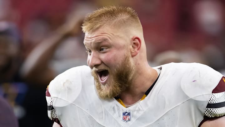Sep 29, 2024; Glendale, Arizona, USA; Washington Commanders center Tyler Biadasz (63) against the Arizona Cardinals at State Farm Stadium. Mandatory Credit: Mark J. Rebilas-Imagn Images