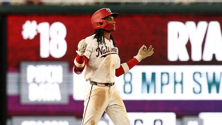 Aug 24, 2026; Washington, District of Columbia, USA;  Washington Nationals shortstop CJ Abrams (5) reacts after hitting a double during the fifth inning against the Colorado Rockies at Nationals Park.  Mandatory Credit: Geoff Burke-Imagn Images