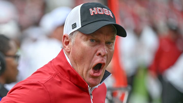 Arkansas Razorbacks athletic director Hunter Yurachek yells at officials on the sidelines during game with the Texas A&M Aggies at Razorback Stadium in Fayetteville, Ark.