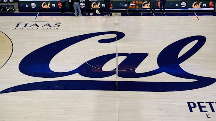 Feb 7, 2024; Berkeley, California, USA; The Cal logo is seen at center court of Haas Pavilion before the game between the California Golden Bears and the USC Trojans.  Mandatory Credit: Robert Edwards-Imagn Images
