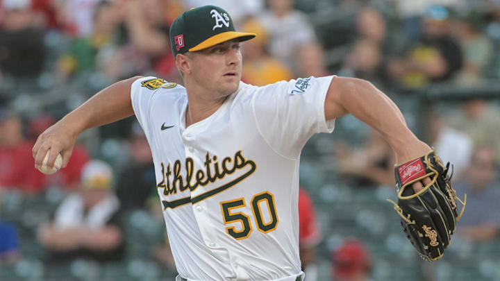Aug 15, 2025; West Sacramento, California, USA; Athletics pitcher Jack Perkins (50) throws a pitch against the Los Angeles Angels during the first inning at Sutter Health Park. Mandatory Credit: Ed Szczepanski-Imagn Images Aug 15, 2025; West Sacramento, California, USA; Athletics pitcher Jack Perkins (50) throws a pitch against the Los Angeles Angels during the first inning at Sutter Health Park. Mandatory Credit: Ed Szczepanski-Imagn Images