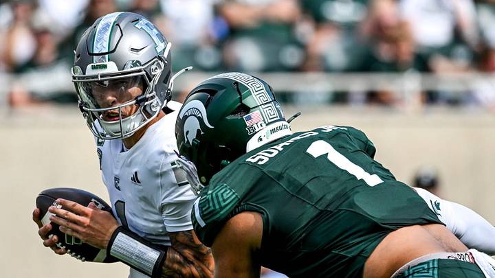 Michigan State’s Kenny Soares Jr., right, sacks Eastern Michigan’s Noah Kim during the first quarter on Saturday, Sept. 12, 2026, at Spartan Stadium in East Lansing. Michigan State’s Kenny Soares Jr., right, sacks Eastern Michigan’s Noah Kim during the first quarter on Saturday, Sept. 12, 2026, at Spartan Stadium in East Lansing.