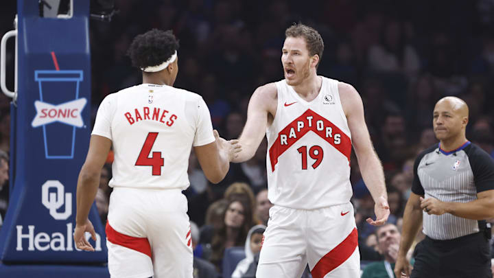Feb 4, 2024; Oklahoma City, Oklahoma, USA; Toronto Raptors center Jakob Poeltl (19) and forward Scottie Barnes Feb 4, 2024; Oklahoma City, Oklahoma, USA; Toronto Raptors center Jakob Poeltl (19) and forward Scottie Barnes