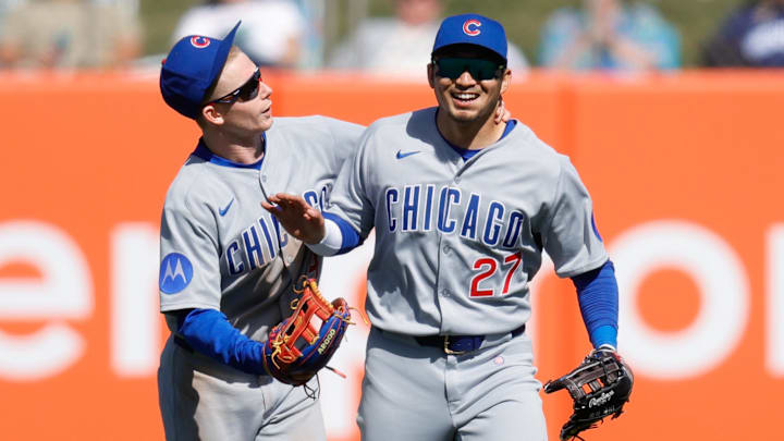 Apr 2, 2025; West Sacramento, California, USA; Chicago Cubs outfielder Pete Crow-Armstrong (4) hugs outfielder Seiya Suzuki (27) after the game against the Athletics at Sutter Health Park. Apr 2, 2025; West Sacramento, California, USA; Chicago Cubs outfielder Pete Crow-Armstrong (4) hugs outfielder Seiya Suzuki (27) after the game against the Athletics at Sutter Health Park.