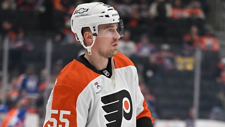 Jan 3, 2026; Edmonton, Alberta, CAN;  Philadelphia Flyers defenseman Rasmus Ristolainen (55) is seen out on the ice during the pre game warm up as the Edmonton Oilers take on the Philadelphia Flyers before the first period at Rogers Place. Mandatory Credit: Walter Tychnowicz-Imagn Images