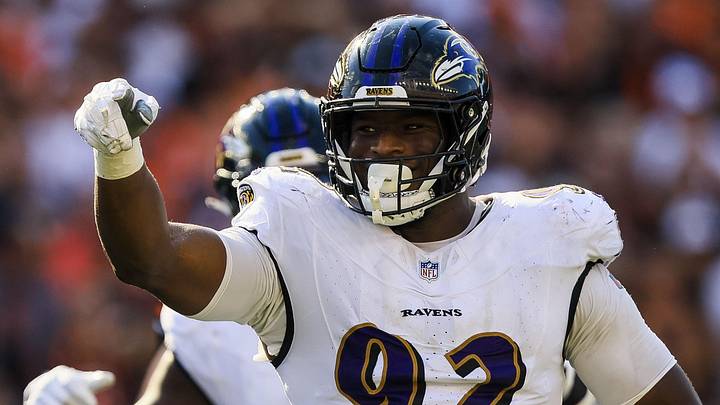 Oct 6, 2024; Cincinnati, Ohio, USA; Baltimore Ravens defensive tackle Nnamdi Madubuike (92) reacts after sacking Cincinnati Bengals quarterback Joe Burrow (not pictured) in the second half at Paycor Stadium. Mandatory Credit: Katie Stratman-Imagn Images