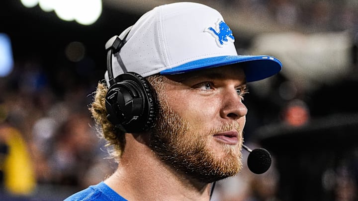Detroit Lions defensive end Aidan Hutchinson (97) is being interviewed on the sideline during Hall of Fame game