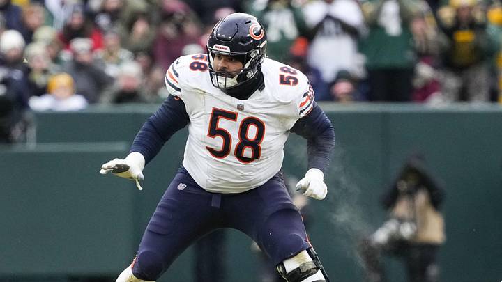 Jan 5, 2025; Green Bay, Wisconsin, USA;  Chicago Bears offensive tackle Darnell Wright (58) during the game against the Green Bay Packers at Lambeau Field. Mandatory Credit: Jeff Hanisch-Imagn Images