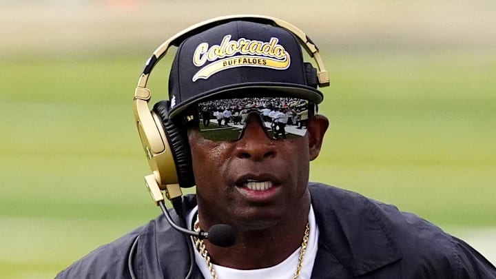Aug 29, 2025; Boulder, Colorado, USA; Colorado Buffaloes head coach Deion Sanders during the first quarter against the Georgia Tech Yellow Jackets at Folsom Field. Mandatory Credit: Ron Chenoy-Imagn Images