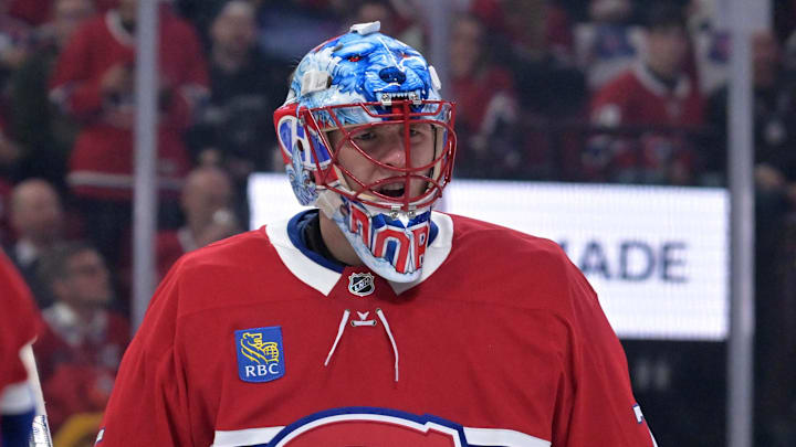 Apr 24, 2026; Montreal, Quebec, CAN; Montreal Canadiens goalie Jakub Dobes (75) during the second period in game three of the first round of the 2026 Stanley Cup Playoffs against the Tampa Bay Lightning at the Bell Centre. Mandatory Credit: Eric Bolte-Imagn Images