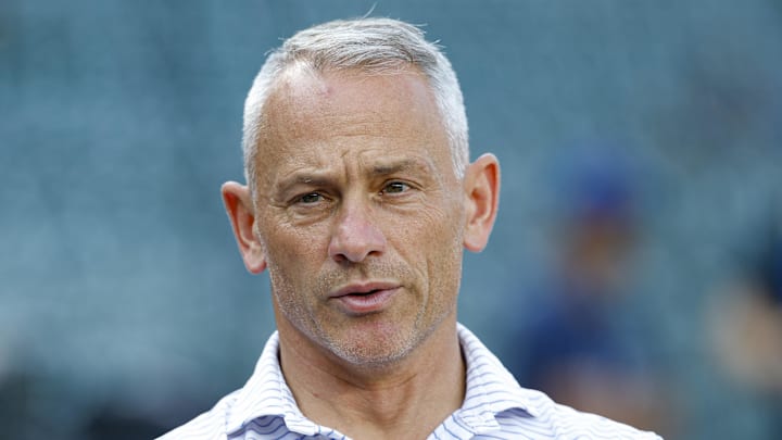 Jul 3, 2025; Chicago, Illinois, USA; Chicago Cubs president of baseball operations Jed Hoyer speaks before a baseball game between the Chicago Cubs and Cleveland Guardians at Wrigley Field. 